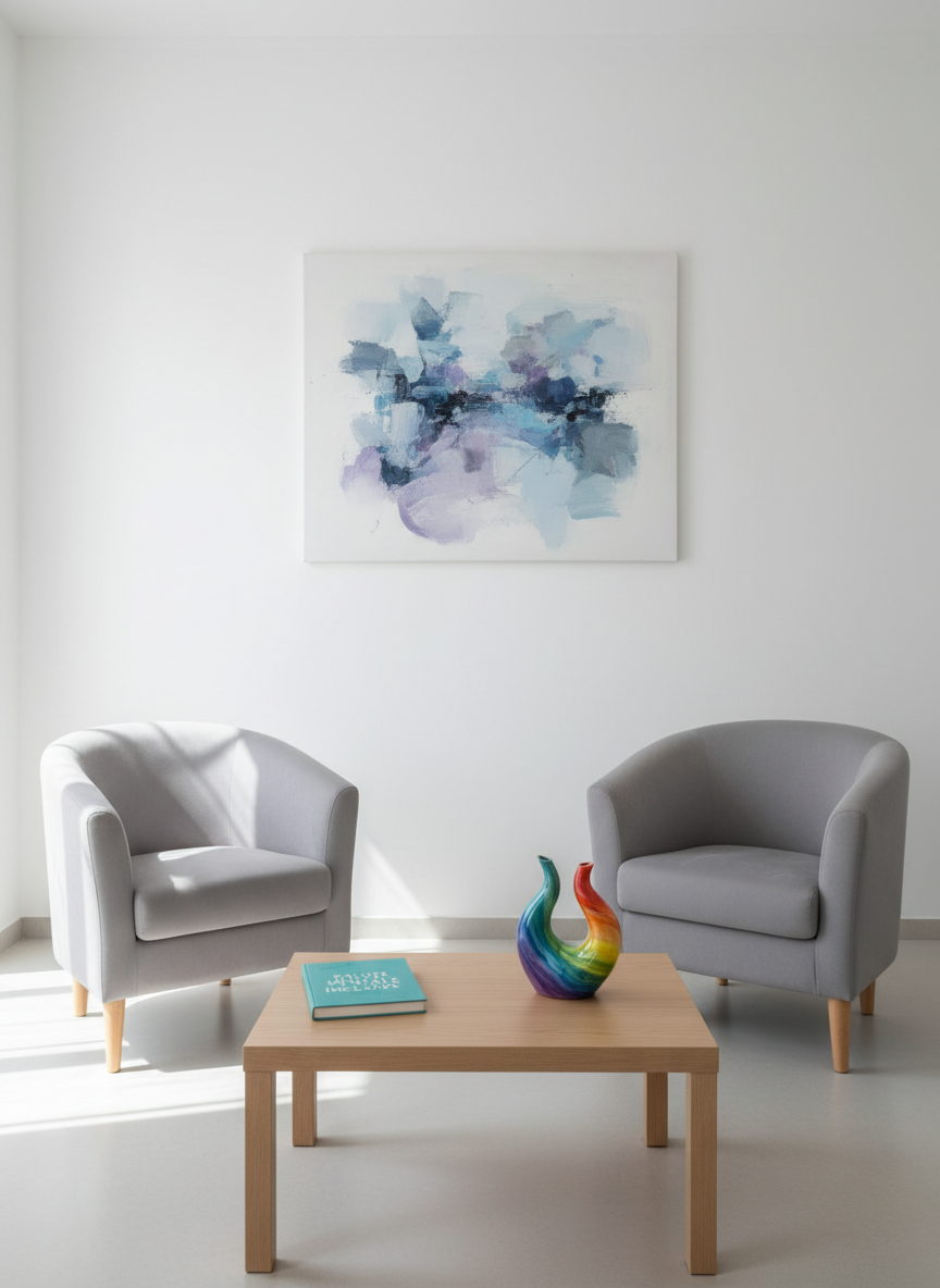 A clean, modern consultation room without any people, featuring a pair of empty, soft grey fabric armchairs facing each other across a low, light-wood table. On the table lie a closed, teal-colored mental health guide titled “Salute Mentale Inclusiva” and a small rainbow-hued ceramic sculpture symbolizing diversity. The room has white walls with a single abstract artwork in muted blues and violets. Diffused daylight enters from an unseen window, casting gentle, soft-edged shadows. Photographed at eye level with a slightly wide angle, the composition is balanced and uncluttered, evoking professionalism, calm, and inclusion in a photographic realism style suitable for a health institution website.