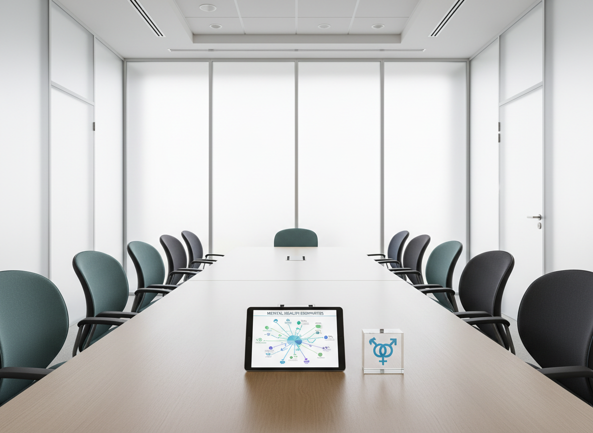 A sophisticated conference table made of light oak in a minimalist meeting room, entirely empty of people. Around it, ergonomic chairs in muted teal and charcoal are neatly aligned. At the center sits a digital tablet displaying a stylized infographic on mental health disparities, next to a small acrylic block engraved with interlocking symbols representing psychiatry and gender diversity. Floor-to-ceiling frosted glass panels softly filter daylight, creating a bright, diffused ambiance. Shot from a slightly elevated perspective with strong leading lines toward the tablet, the composition emphasizes structure, dialogue, and collaboration. The photographic realism, neutral color palette, and uncluttered space convey a professional, inclusive environment dedicated to policy development and best clinical practices.