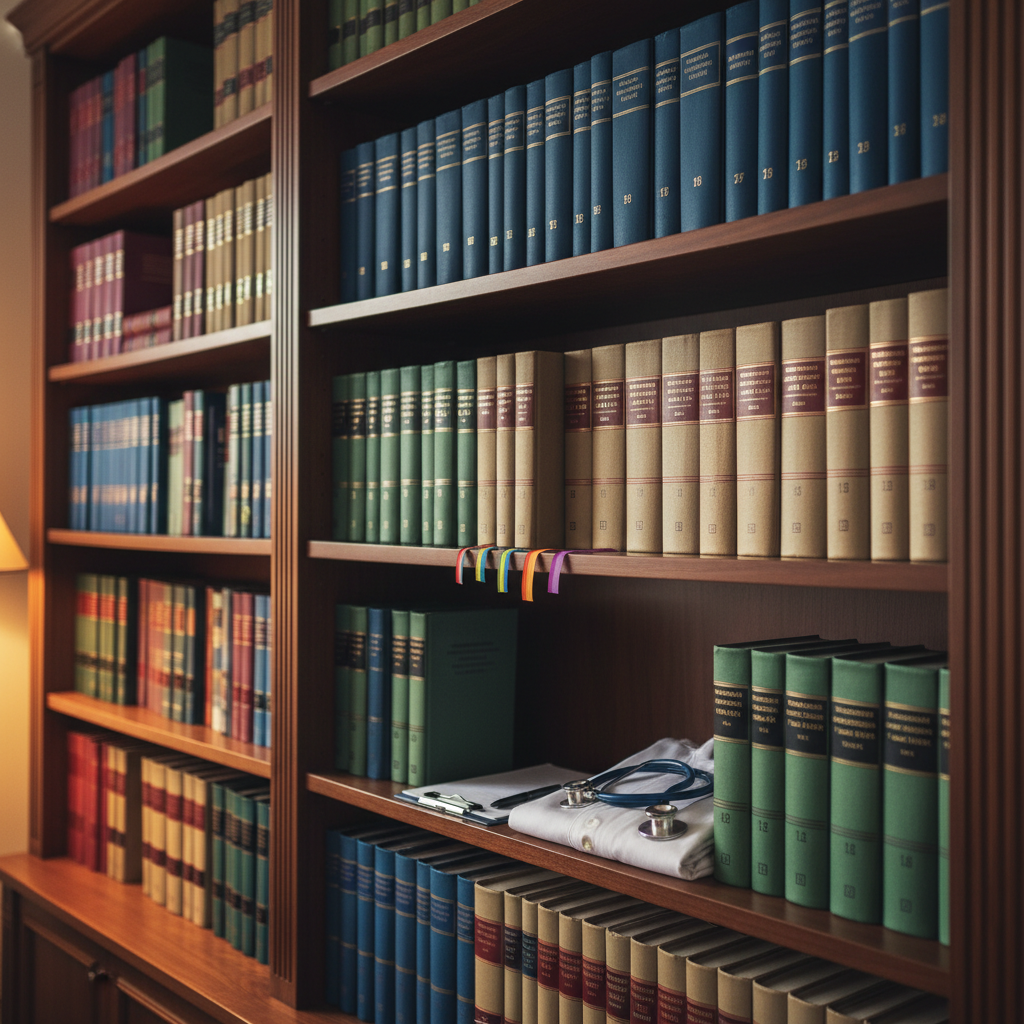 An elegant wooden bookshelf in a psychiatric research office, shelves neatly lined with hardcover volumes in Italian on psychiatry, gender studies, and LGBTI health, their spines in muted blues, greens, and burgundies. On one shelf, colorful bookmarks form a subtle rainbow gradient beside a neatly stacked clipboard and a stethoscope resting on a folded white lab coat. Soft overhead lighting combines with a warm desk lamp out of frame, creating a cozy yet professional glow. Captured from a three-quarter angle with shallow depth of field, the central books are in sharp focus while the surrounding titles blur gently, conveying a mood of rigorous, evidence-based research and interdisciplinary collaboration in a realistic, photographic style.