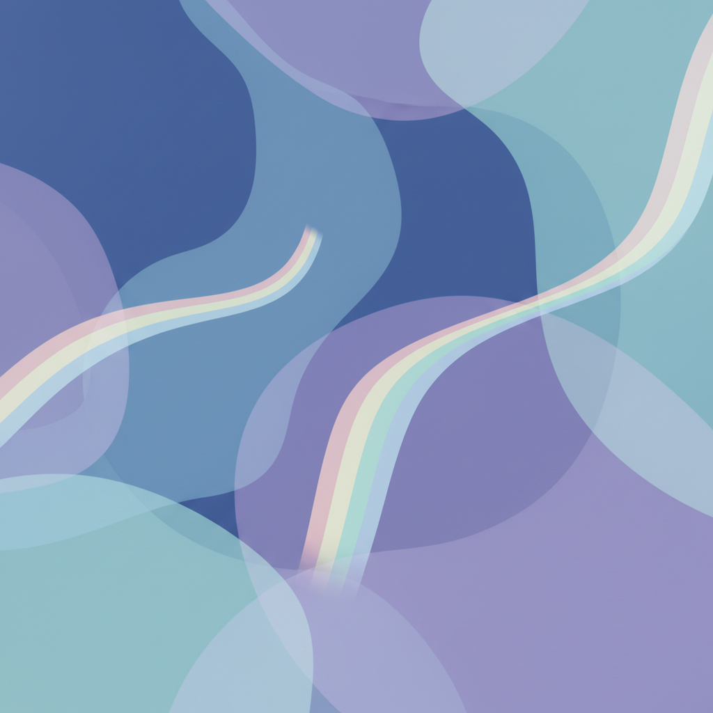 Abstract illustration for a scientific mental health context: soft overlapping shapes and gradients in calm blues, purples and subtle rainbow accents, evoking LGBTI and gender diversity in an inclusive, respectful way. No text, no logos, no people or faces.