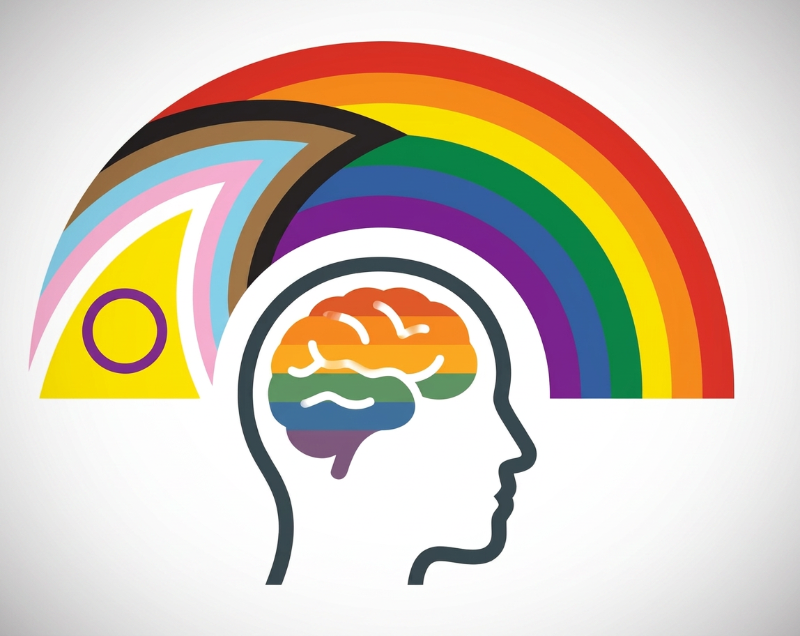 A rainbow-colored semicircle with a human head silhouette in the center, featuring a brain composed of rainbow colors.